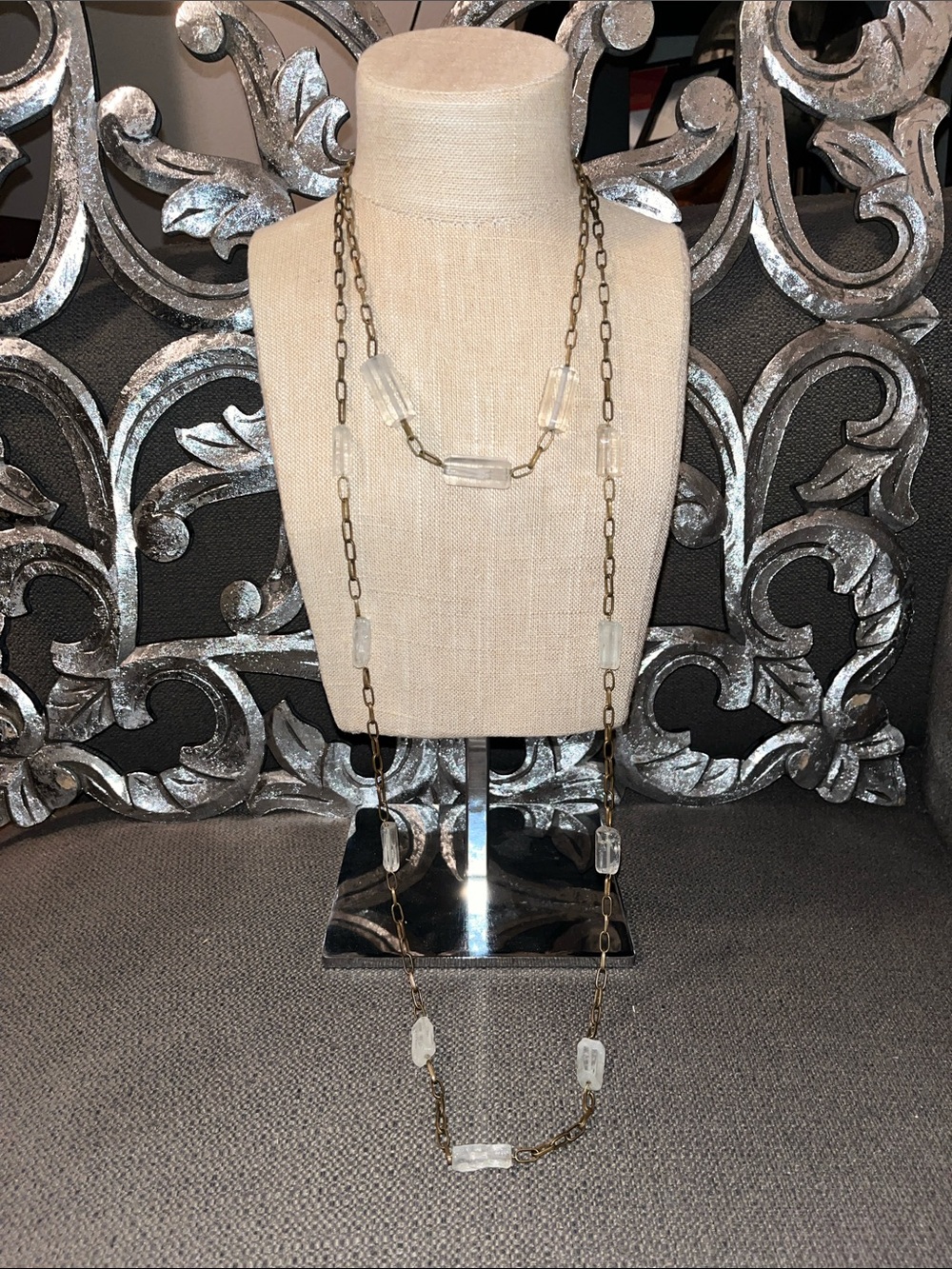Long & Short Crystal Beaded Link Necklace Set - Clear/Gold